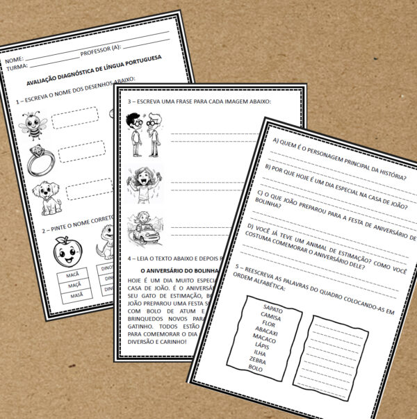 3º ano Fundamental - Avaliação Diagnóstica - Aplicar uma avaliação diagnóstica para identificar o nível de conhecimento dos alunos nas áreas de escrita espontânea, ortografia, formação de frases, leitura e interpretação textual, e ordem alfabética - Image 2